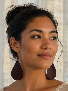 BOGO Teardrop Leather Dangle Earrings - Dark Brown